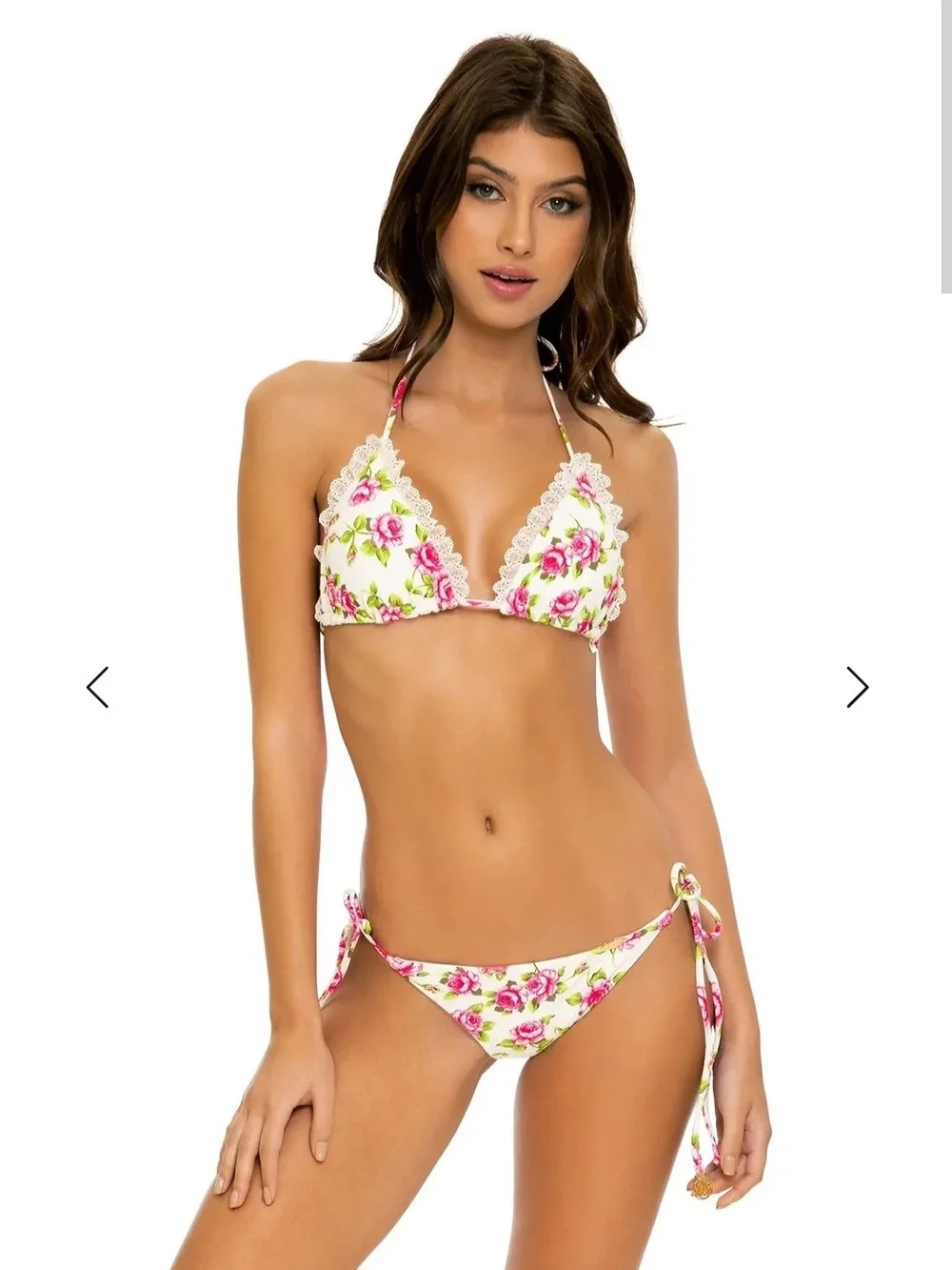 NWT Luli Fama White Floral Triangle Bikini Set with Pink Roses Top L Btm M